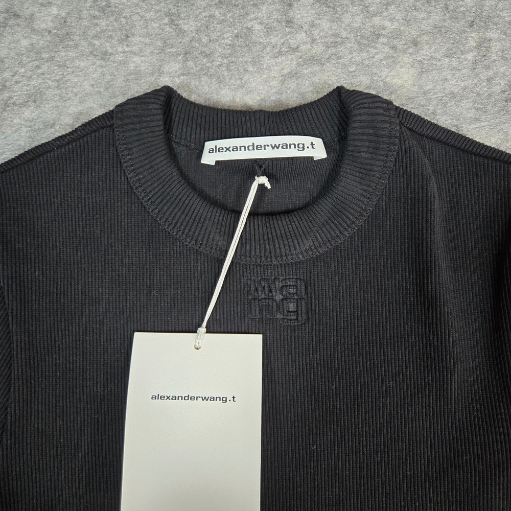 Alexander Wang Black Embossed Logo Cropped Ribbed T-Shirt Women S - Picture 2 of 6